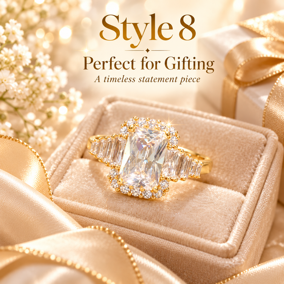 ✨ Style 8 – Women's Elegant Gold-Tone Radiant Cut Crystal Ring 💍 Sparkling Rectangular Halo Statement Ring 💎 Baguette Side Stone Engagement-Style Ring 💖 Luxury Fashion Jewelry 🎁 Perfect Gift for Her