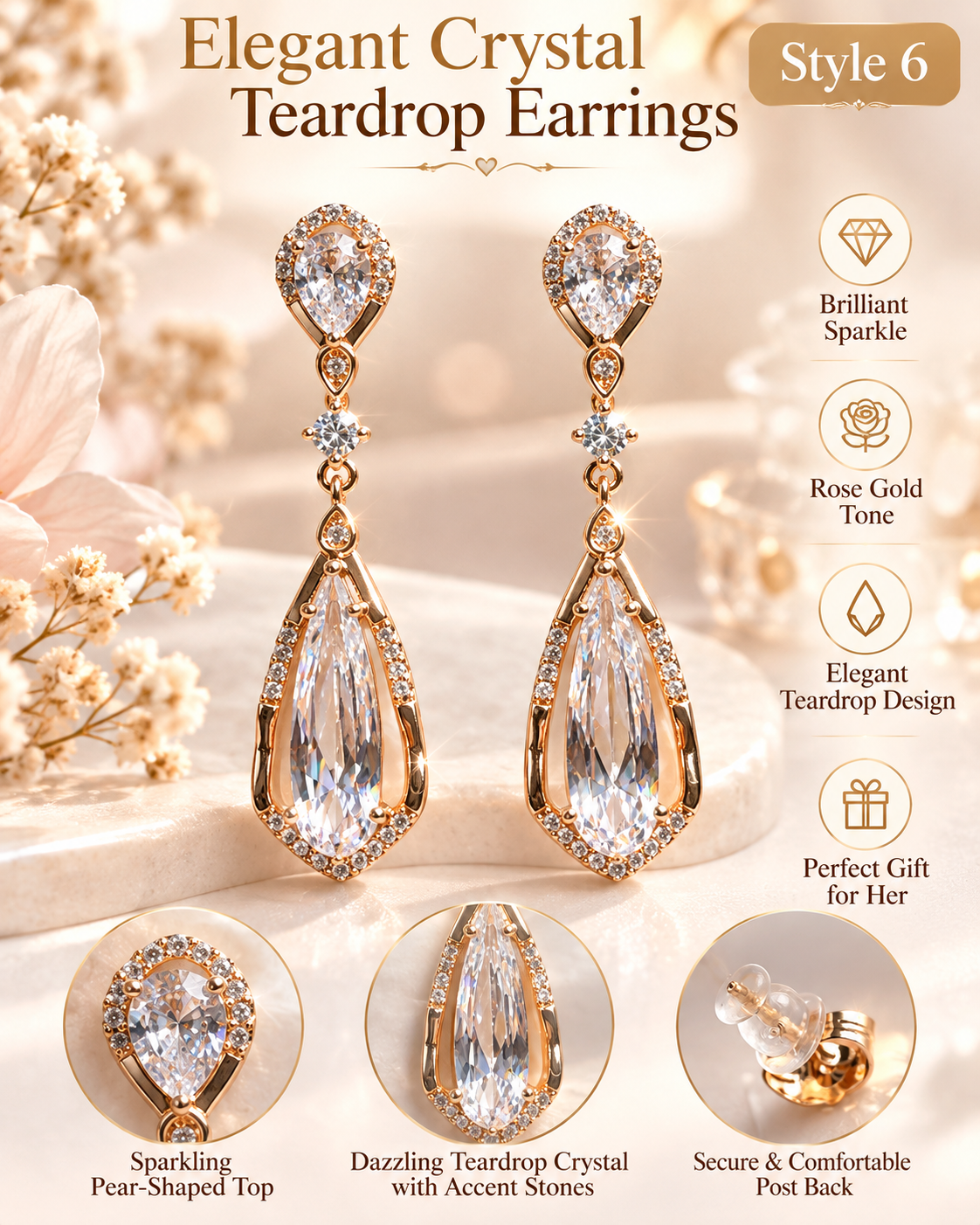 Style 6 – Elegant Gold Tone Crystal Teardrop Earrings