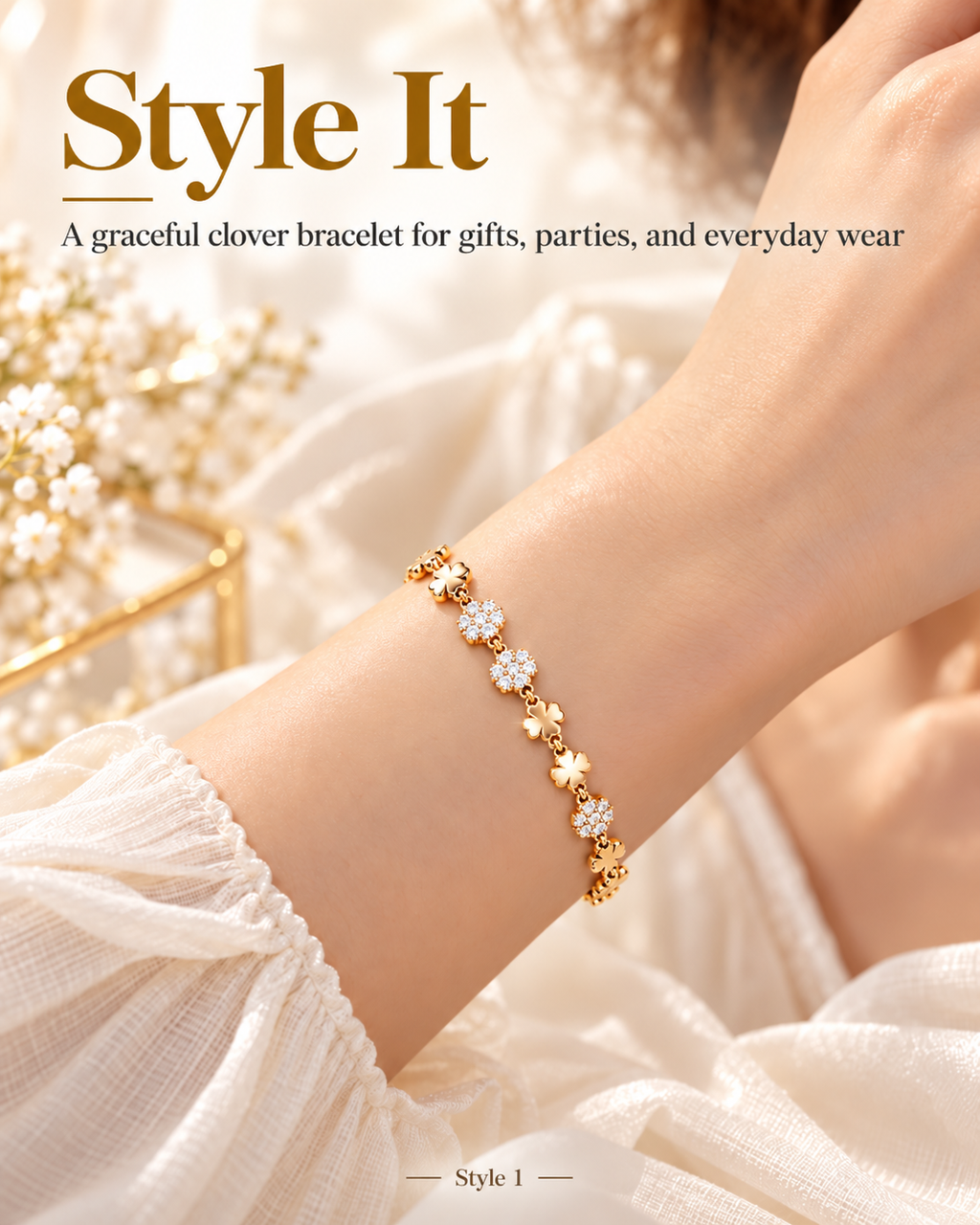 Gold-Tone Clover & Floral Sparkle Bracelet