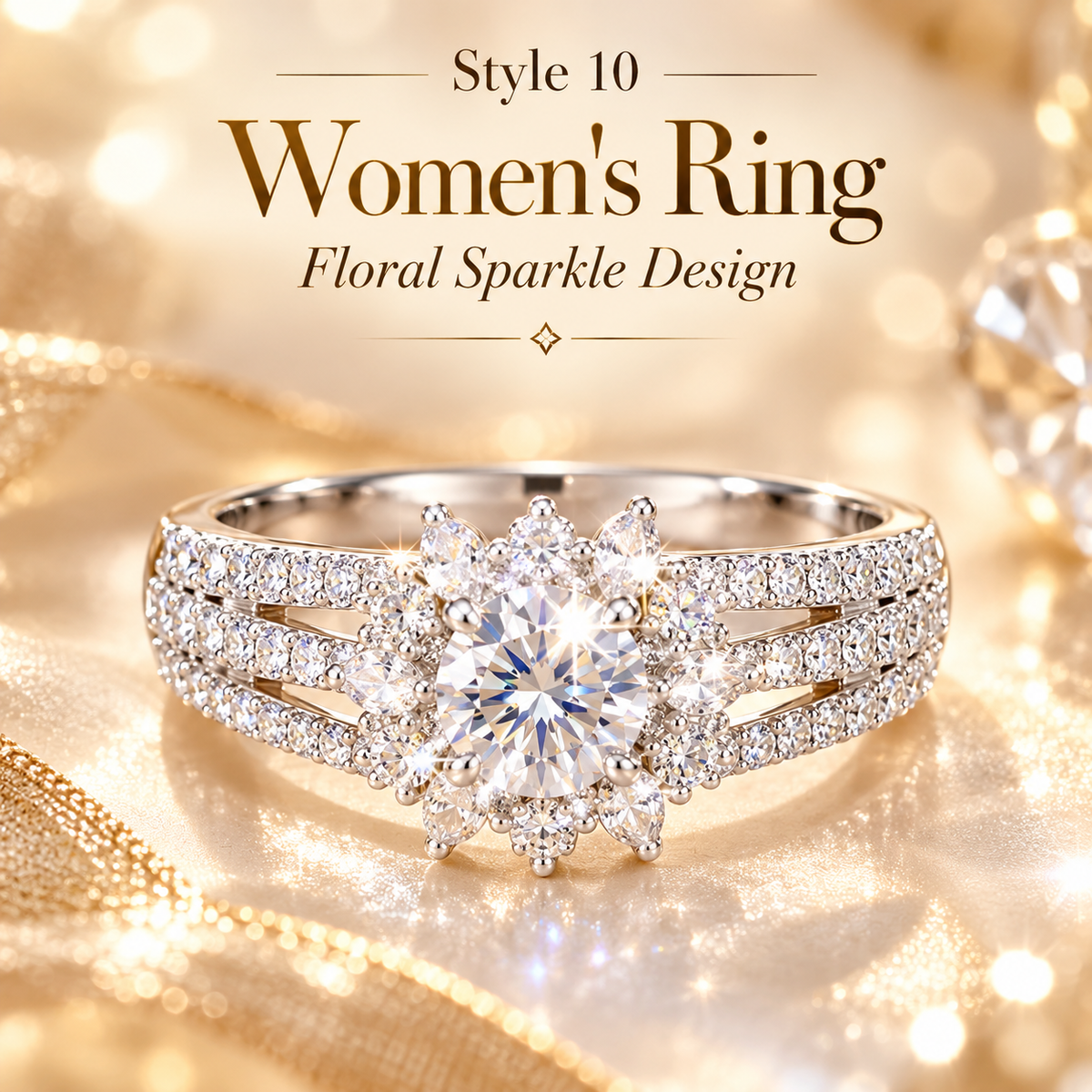 ✨ Style 10 – Women's Elegant Silver-Tone Round Crystal Flower Ring 💍 Sparkling Floral Cluster Halo Ring 💎 Triple Row Pavé Band Statement Jewelry 💖 Luxury Fashion Ring 🎁 Perfect Gift for Her