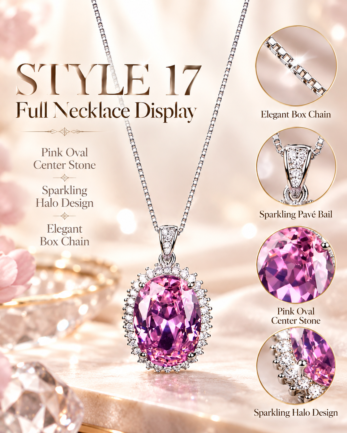 💗 Elegant Pink Oval Halo Pendant Necklace – Style 17