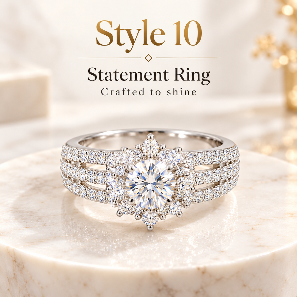 ✨ Style 10 – Women's Elegant Silver-Tone Round Crystal Flower Ring 💍 Sparkling Floral Cluster Halo Ring 💎 Triple Row Pavé Band Statement Jewelry 💖 Luxury Fashion Ring 🎁 Perfect Gift for Her