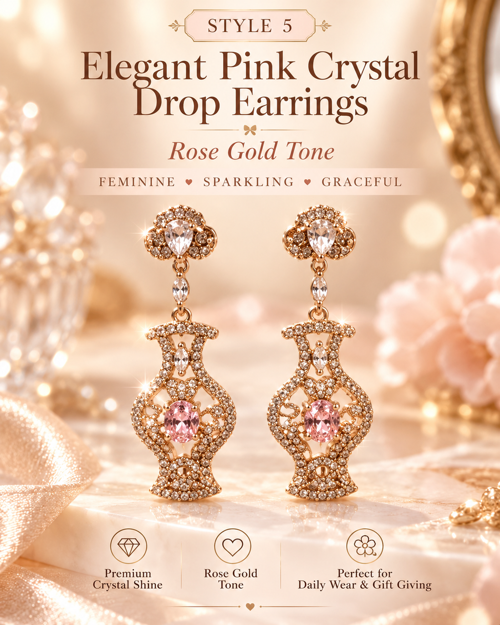 Style 5 – Elegant Rose Gold Tone Pink Crystal Drop Earrings