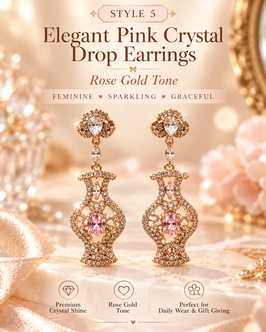 Style 5 – Elegant Rose Gold Tone Pink Crystal Drop Earrings