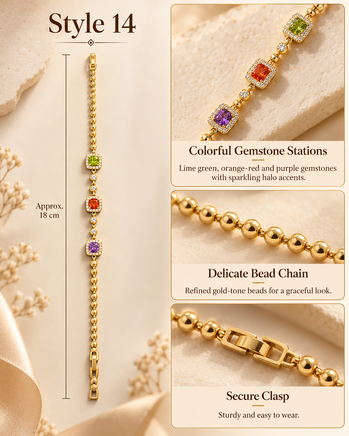 ✨ Style 14 – Women's Elegant Gold-Tone Multicolor Crystal Bracelet 🌈 Sparkling Green, Orange & Purple Gemstone-Style Bracelet 💖 Dainty Beaded Chain Jewelry 🎁 Perfect Gift for Her