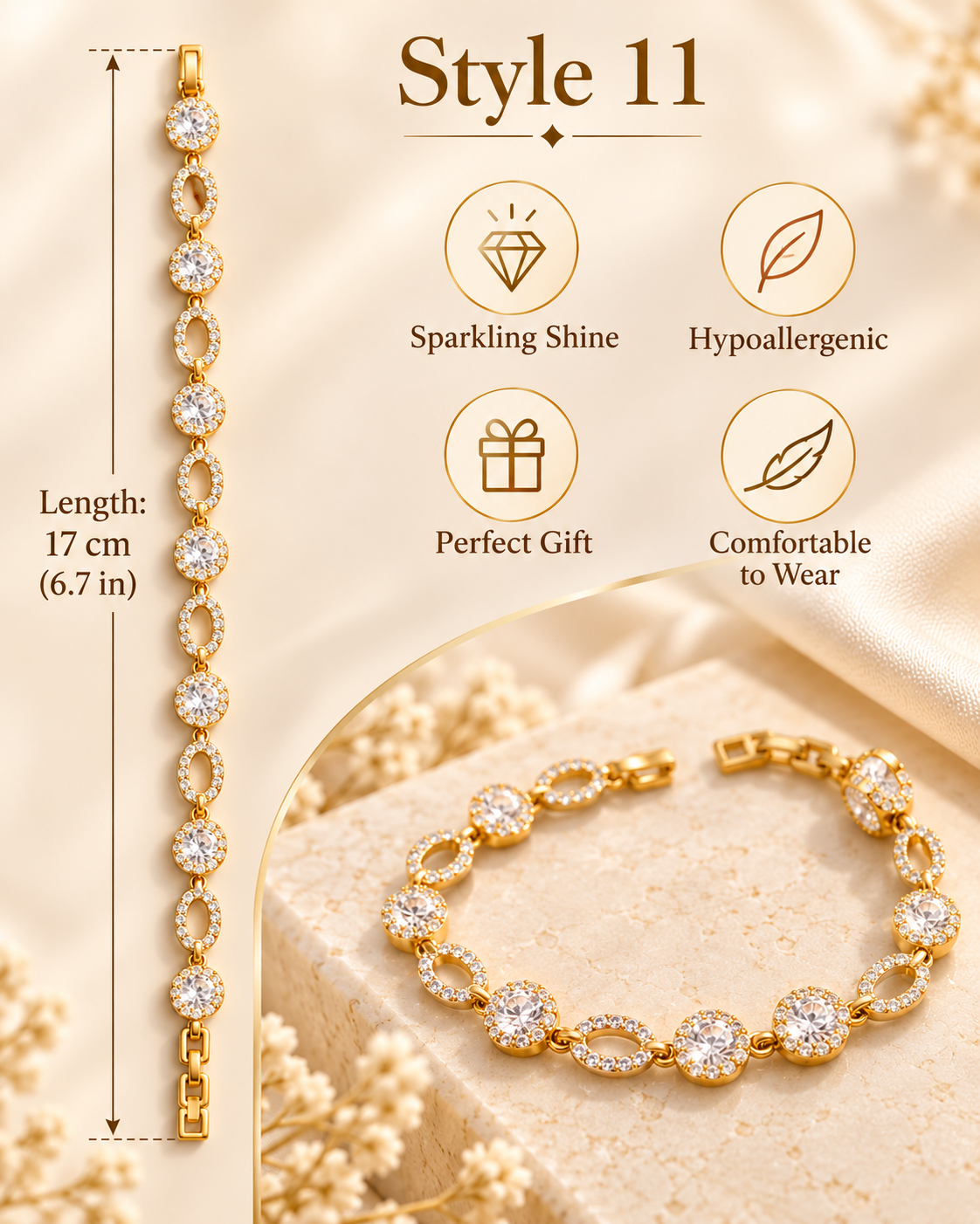 ✨ Style 11 – Women's Elegant Gold-Tone Crystal Oval & Round Link Bracelet 💎 Sparkling Rhinestone Bracelet 💖 Luxury Fashion Jewelry 🎁 Perfect Gift for Her