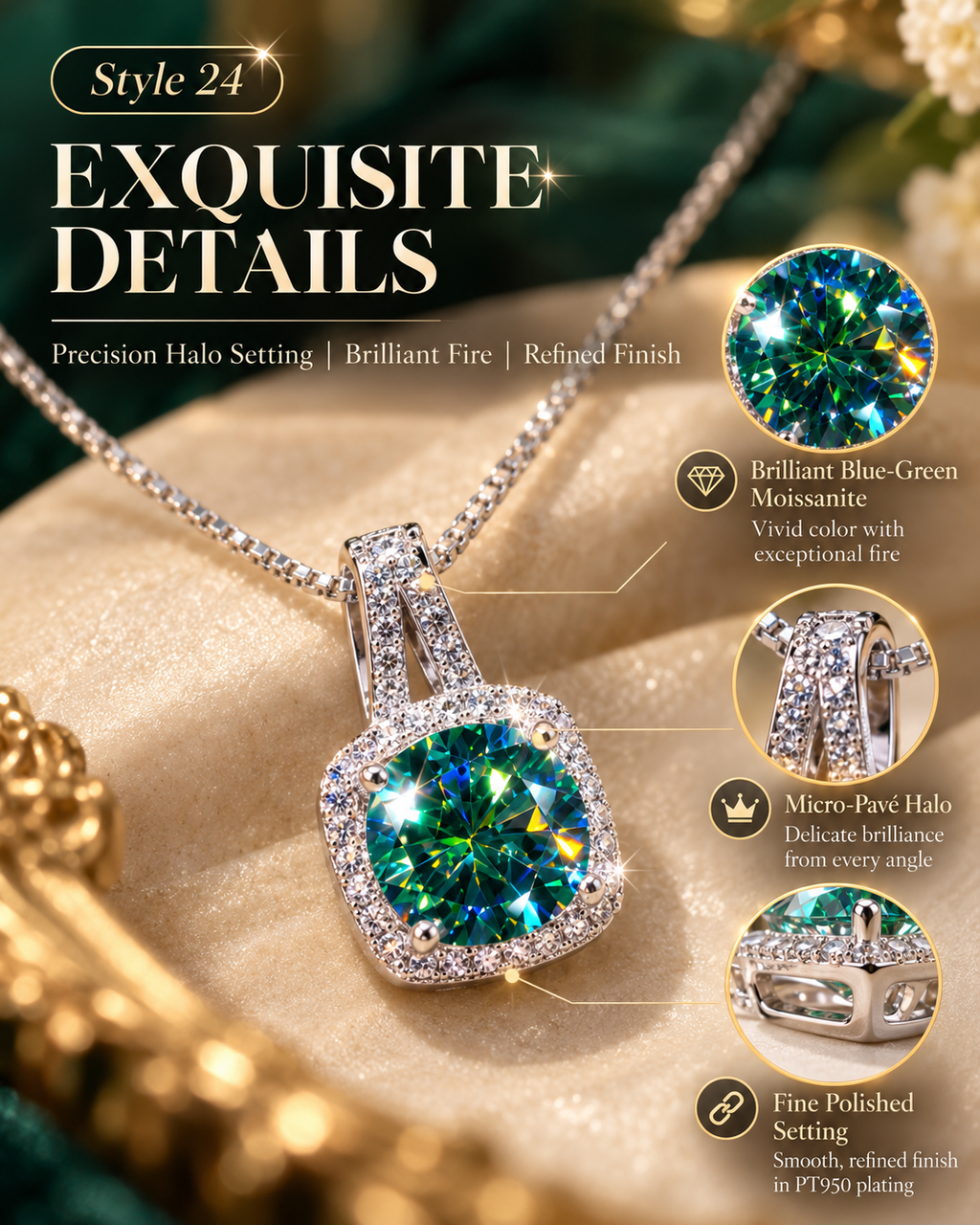 💚 Elegant Blue Green Cushion Halo Pendant Necklace – Style 24