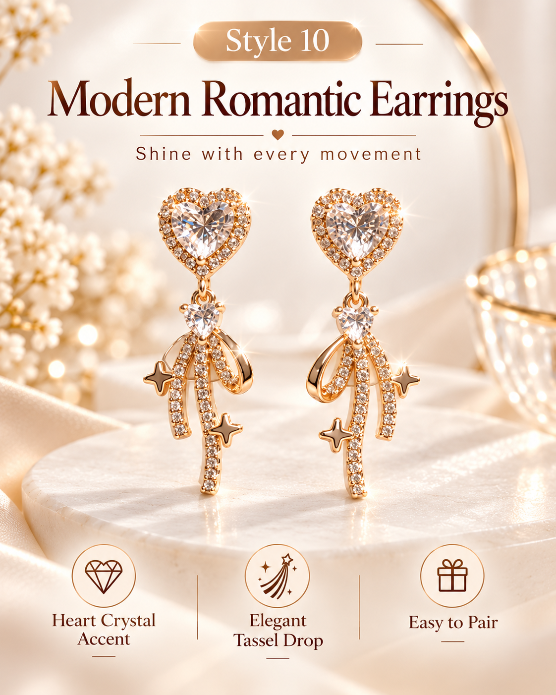 Style 10 – Elegant Gold Tone Heart Tassel Drop Earrings