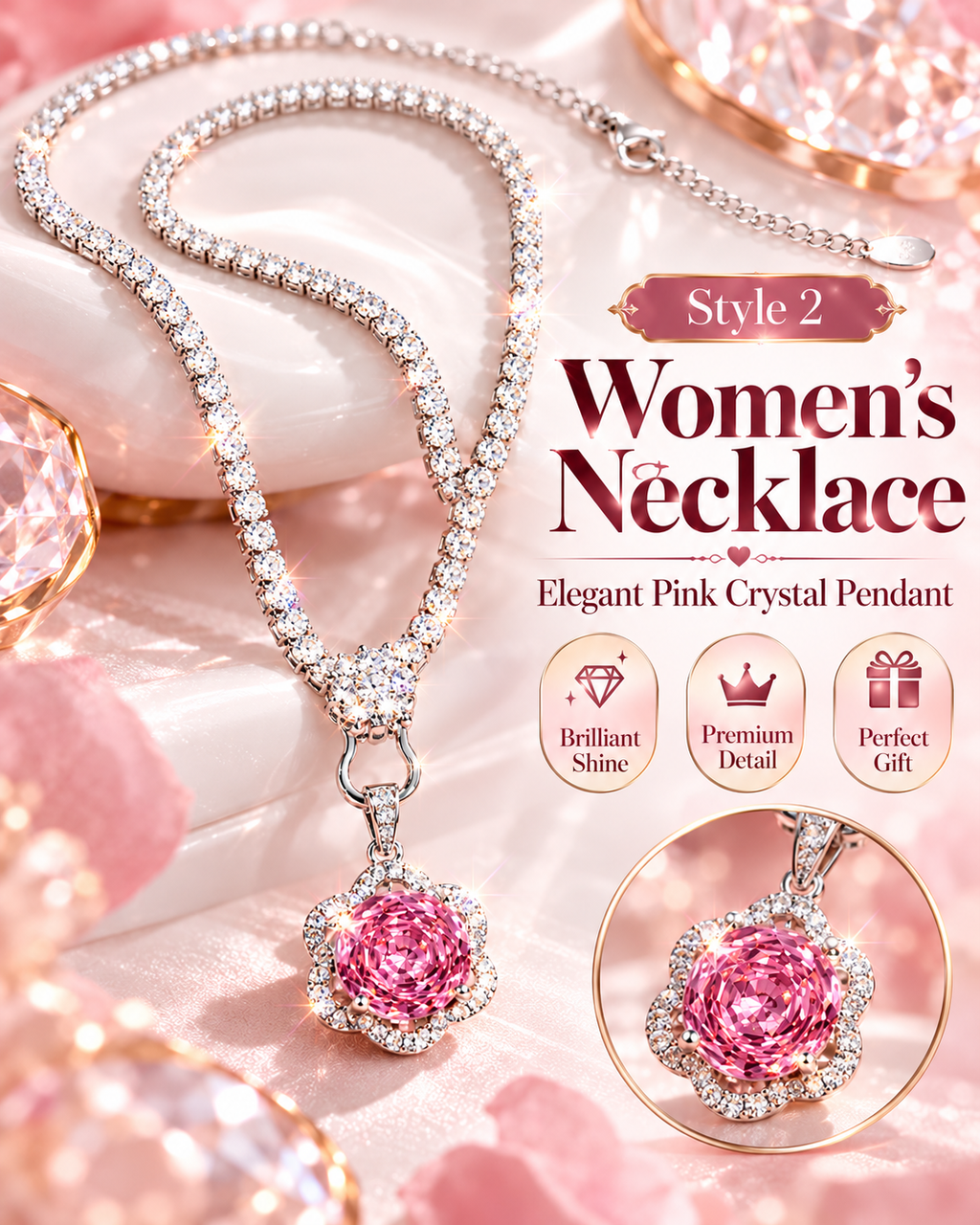 Women's Pink Crystal Pendant Necklace – Style 2